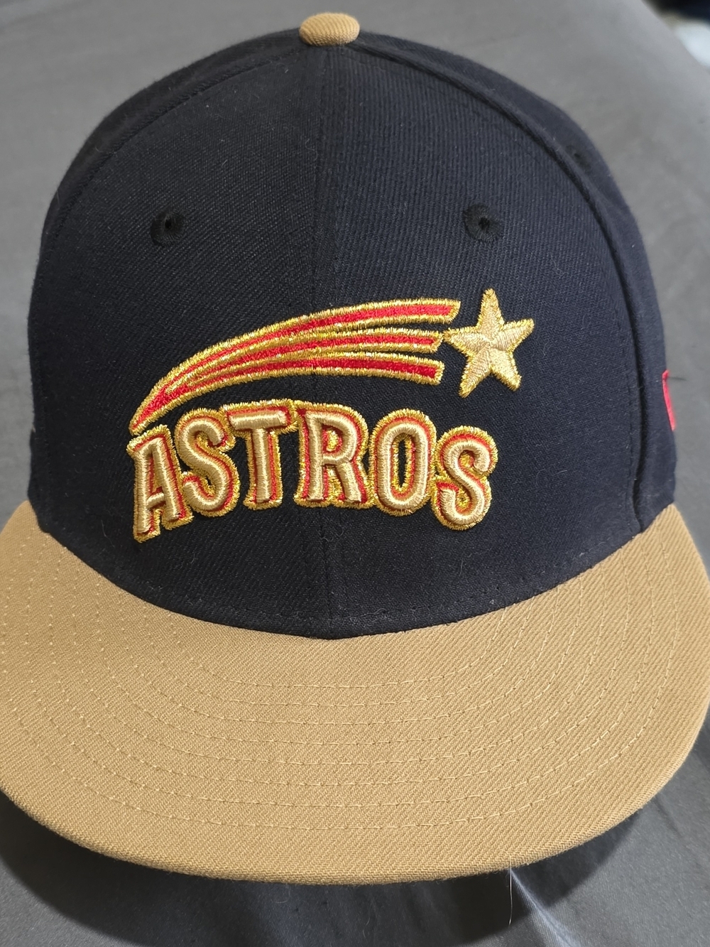 New Era Astros Navy and Tan Fitted Hat with Gold and Red Embroidery